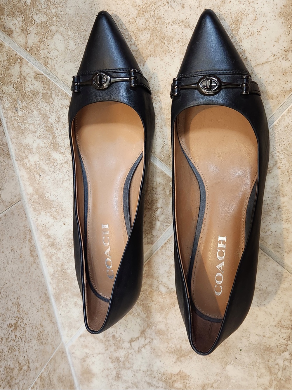 Coach Black Pointed Toe Horse bit kitten Heels with Metal Accent